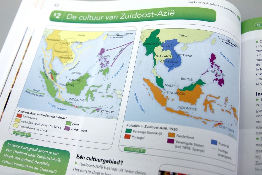 Thematische kaarten van Zuid-Oost Azie over invloeden van buitenaf en kolonien.