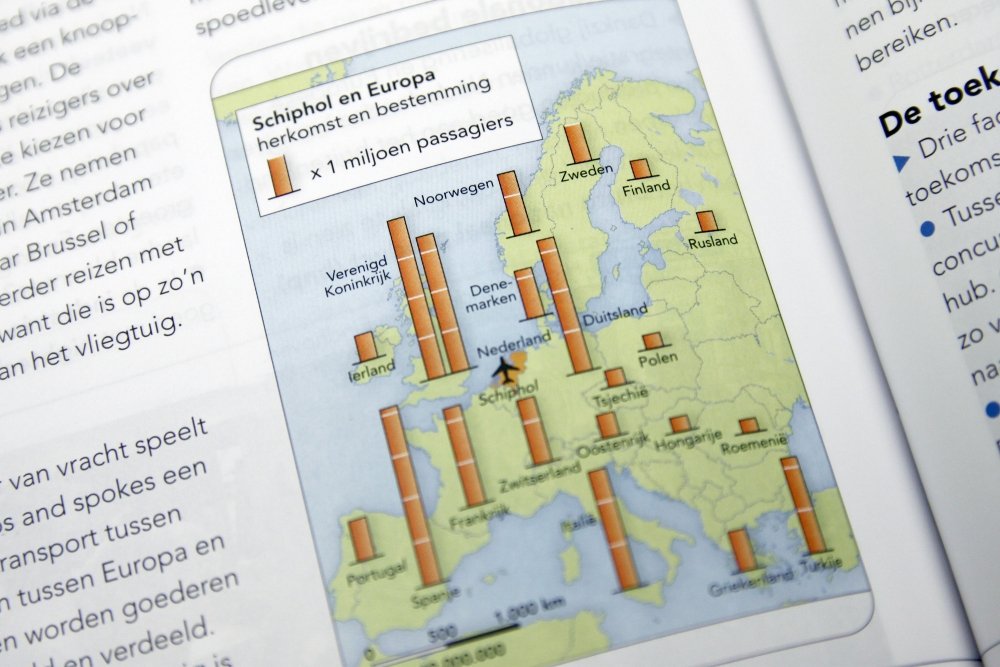Cartogram van de herkomst en bestemming van Schiphol reizigers in Europa.