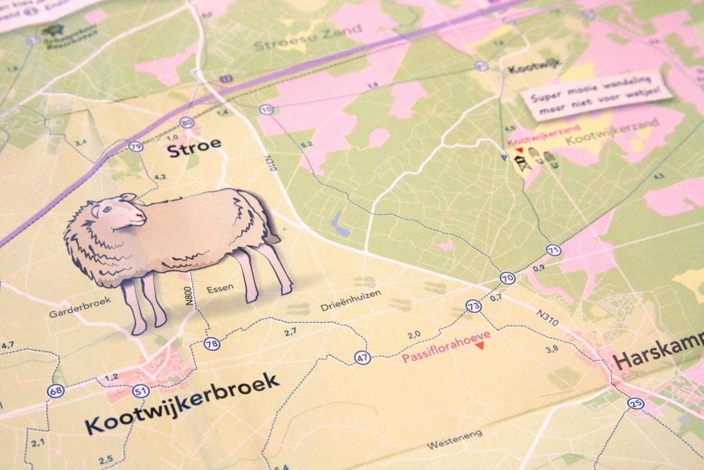 Op de kaart worden fietsroutes en toeristische highlights van de streek weergegeven.