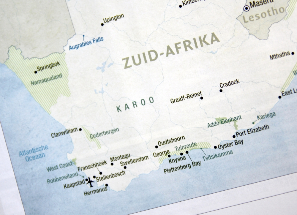 Overzichtskaart van Zuid-Afrika met de belangrijkste plaatsen. Overzichtskaart van Zuid-Afrika met de belangrijkste plaatsen.