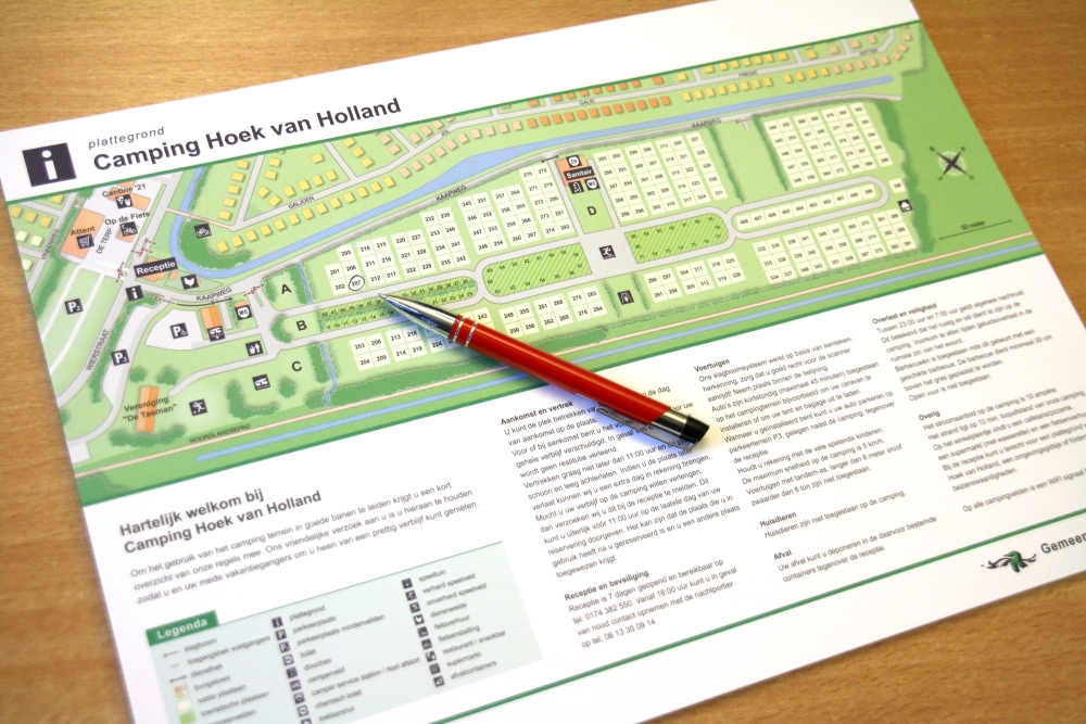 Beschrijfbare campingplattegrond voor bij de receptie