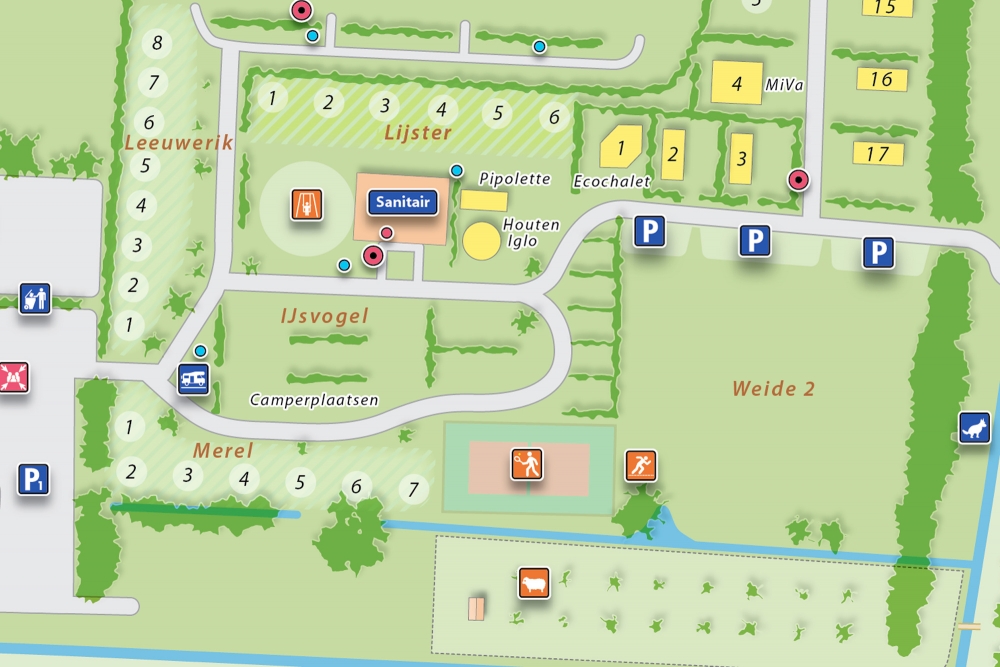 Overzicht van verschillende kampeervelden en faciliteiten.