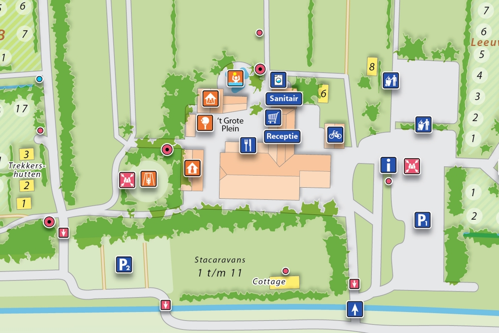 Detail van het hoofdgebouw, alle faciliteiten zijn duidelijk weergegeven.