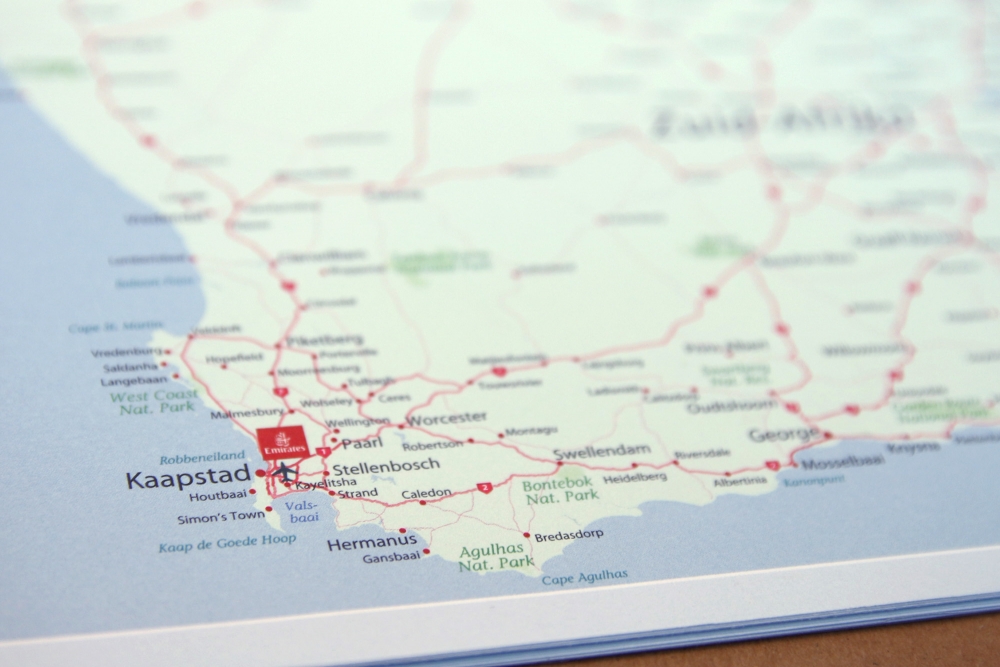 Detail van Kaapstad, op de kaart staan o.a. wegen en nationale parken.